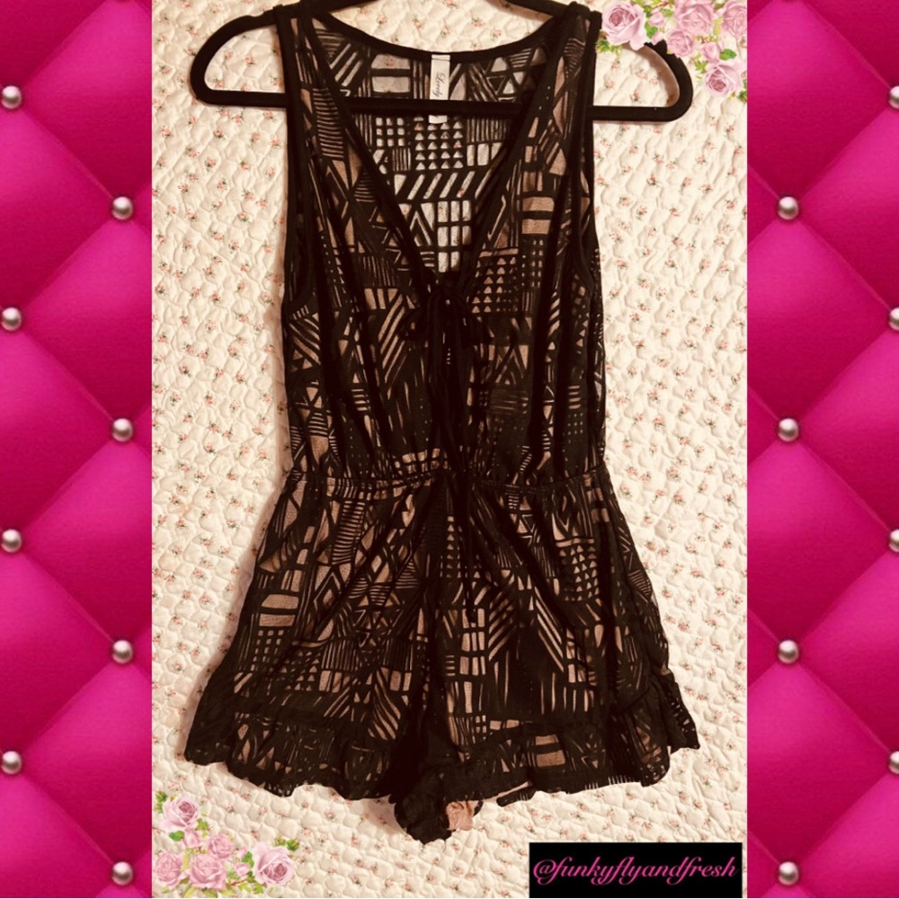 Sheer black and tan geometrical Lovely Day V neck lace up front romper in Sz S.